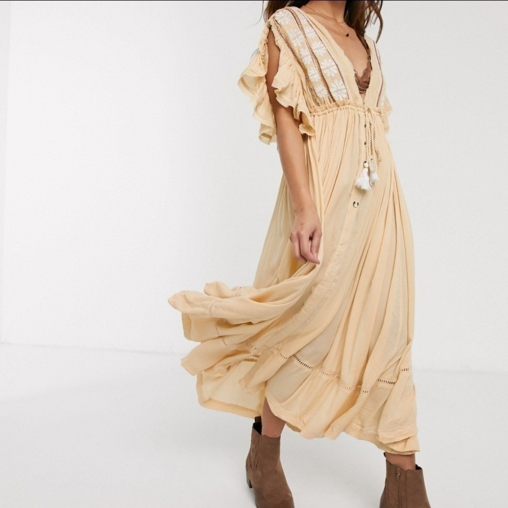 Free People Bali Will Wait For You Embroidered Boho Midi Garbanzo Dress S